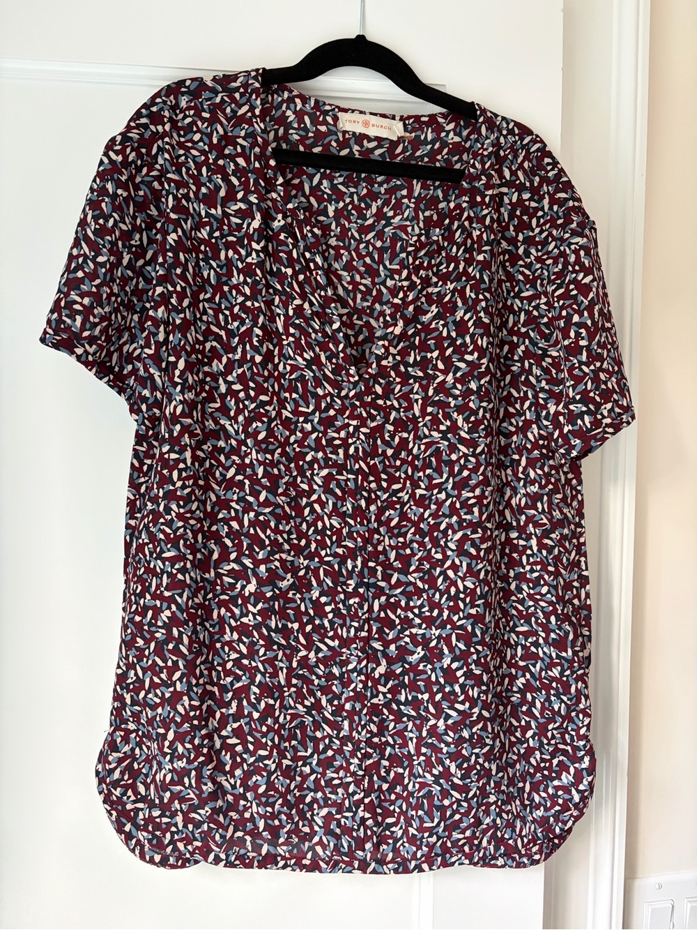 Tory Burch Burgundy Multi Short-Sleeve V-Neck Blouse